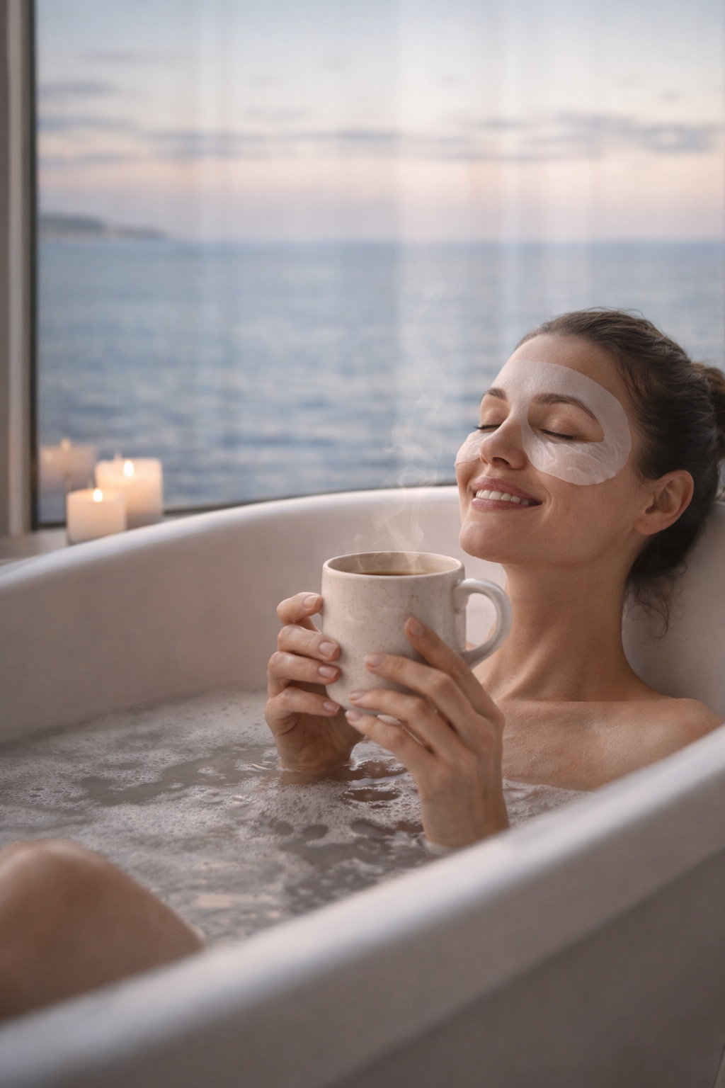 femme qui est dans la baignoire et qui se detend avec le masque et le the du rituel leruban 