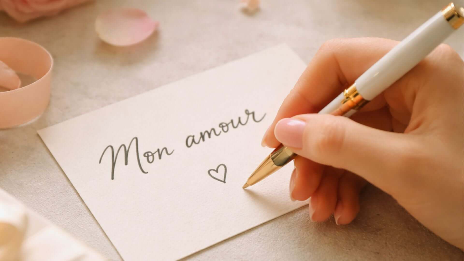 main écrivant un message d'amour sur une carte manuscrite personnalisée pour un coffret bien-être Leruban